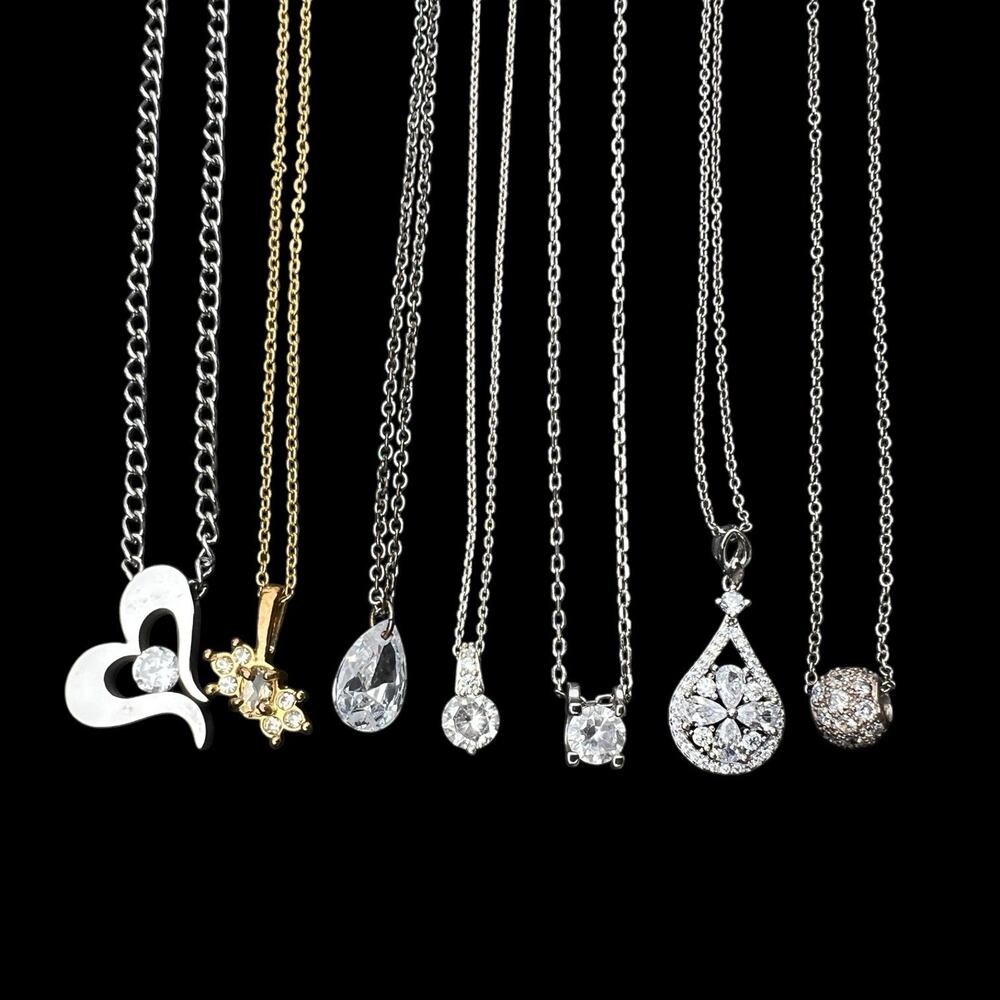 Rhinestone Pendant Necklaces Lot Of 7 Delicate Sparkly Glam Coquette Fashion